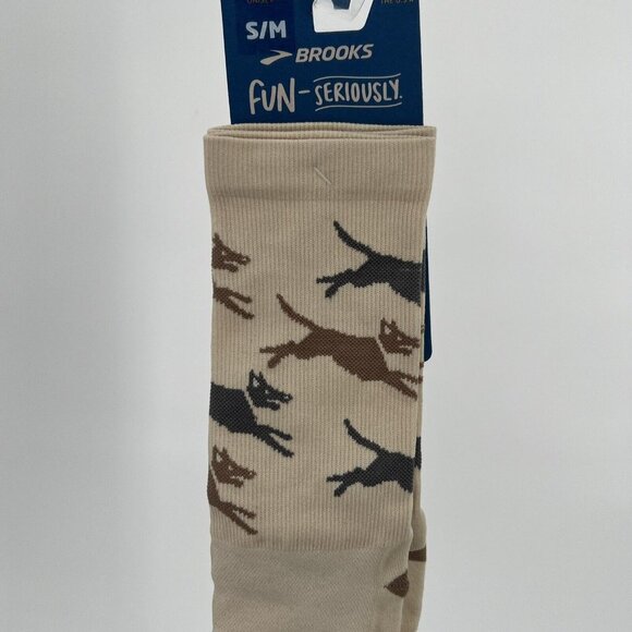 Brooks Tempo Knit Crew Socks Tan Run Dog Run sz S/M Athletic Arch Compression - Picture 2 of 5